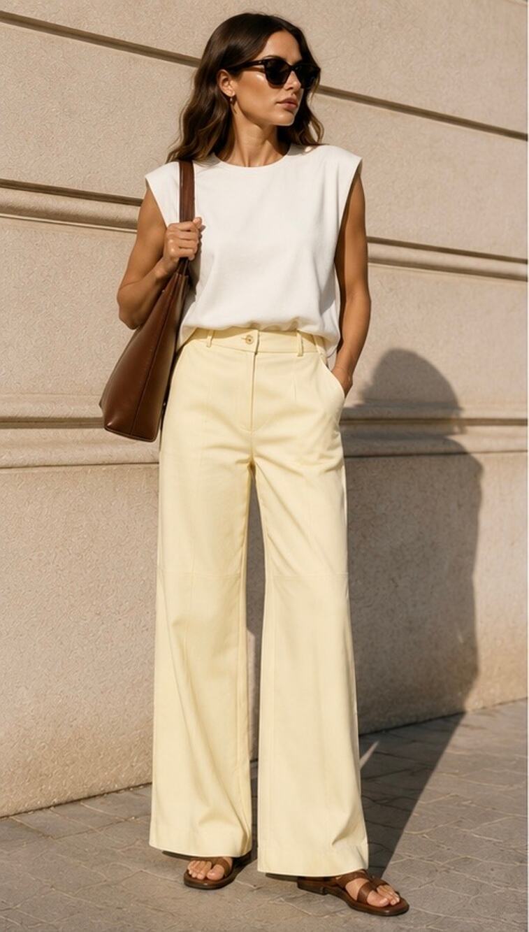 LOULOU studio Cream Leather Wide Leg Pants High Rise Fully Lined Size M